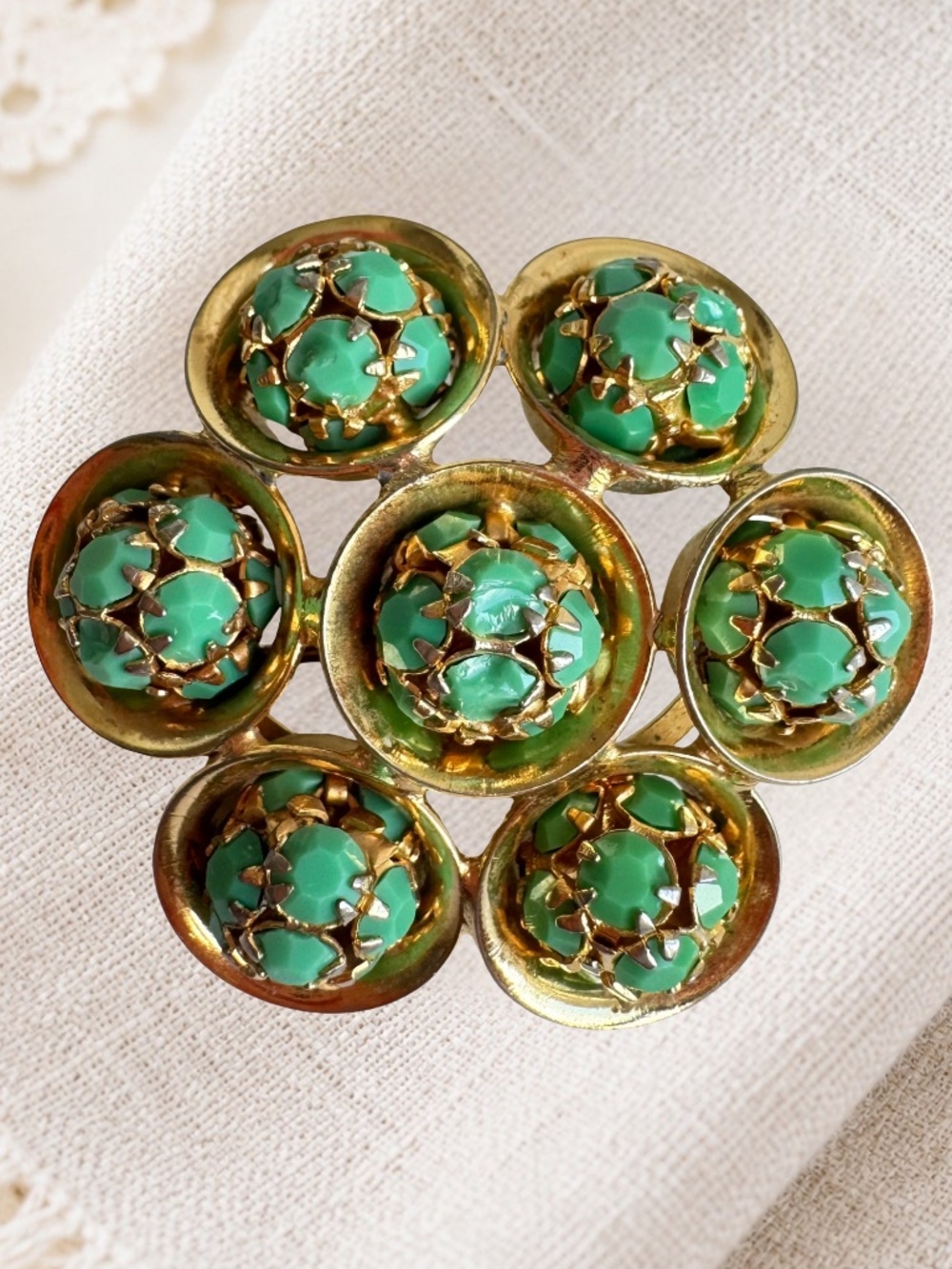 Vintage Made Austria Green Stone Floral Cluster Brooch Gold Tone Costume Pin